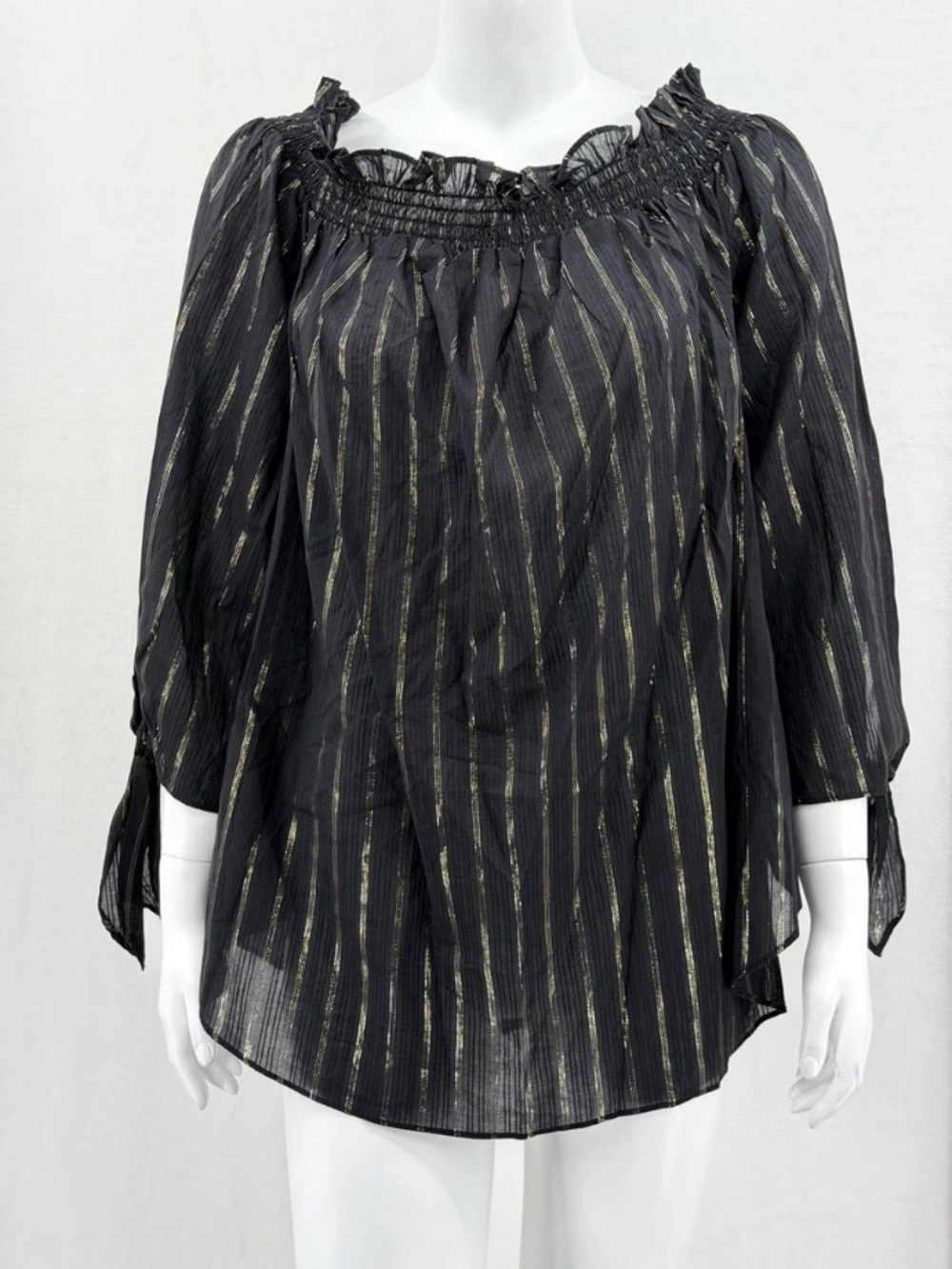 Michael Kors Black Blouse with Metallic Gold & Silver Stripes